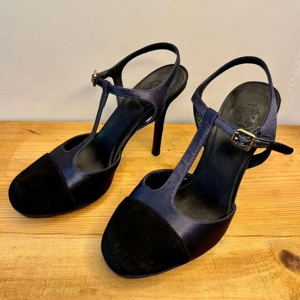Tory Burch Mandy Women Blue Suede Satin Platform Stiletto Shoe Size 7.5